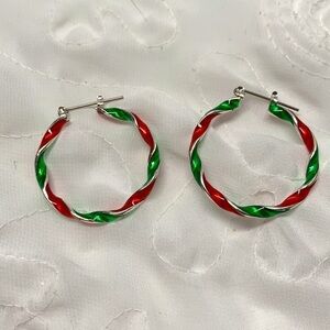 Cloisonné Candy Cane Holiday Hoop Earrings - Red/Green/Silver, 1.25” Metal